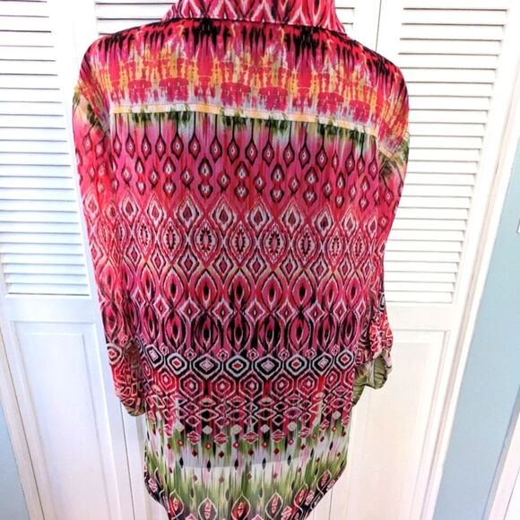 Glance Top Womens sz XL Multi Geometric Pattern Sheer Tunic TabSleeve Pink Green - Picture 6 of 9